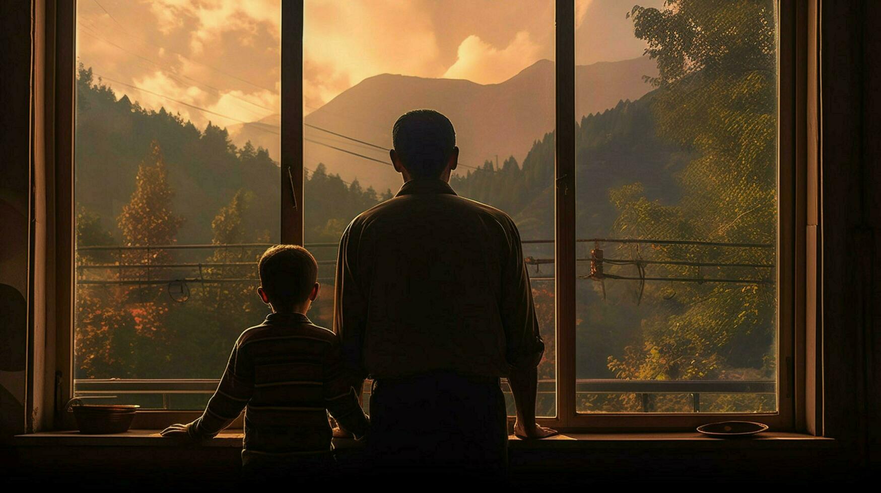a man and child looking out a window photo