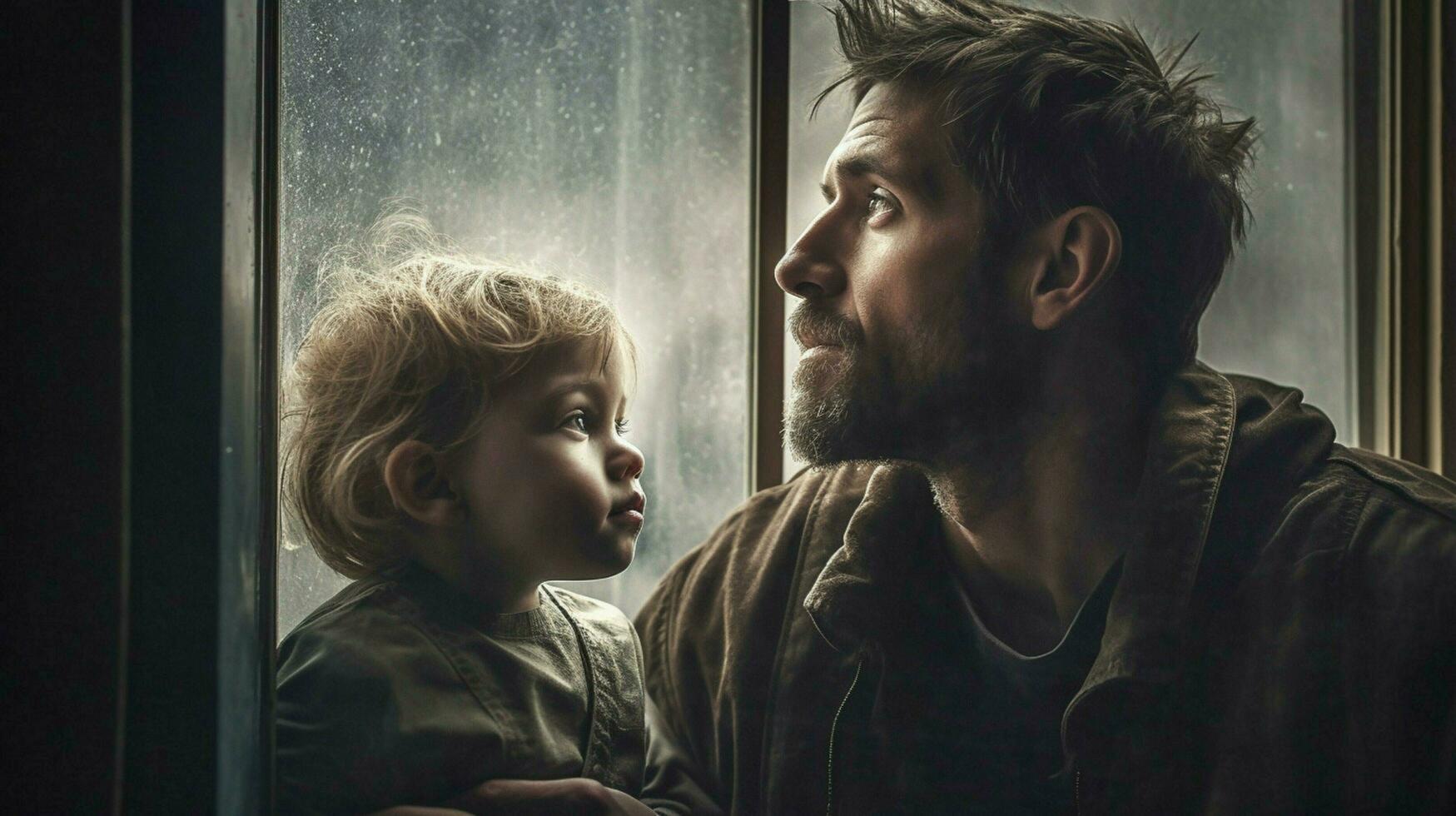 a man and child looking out a window photo