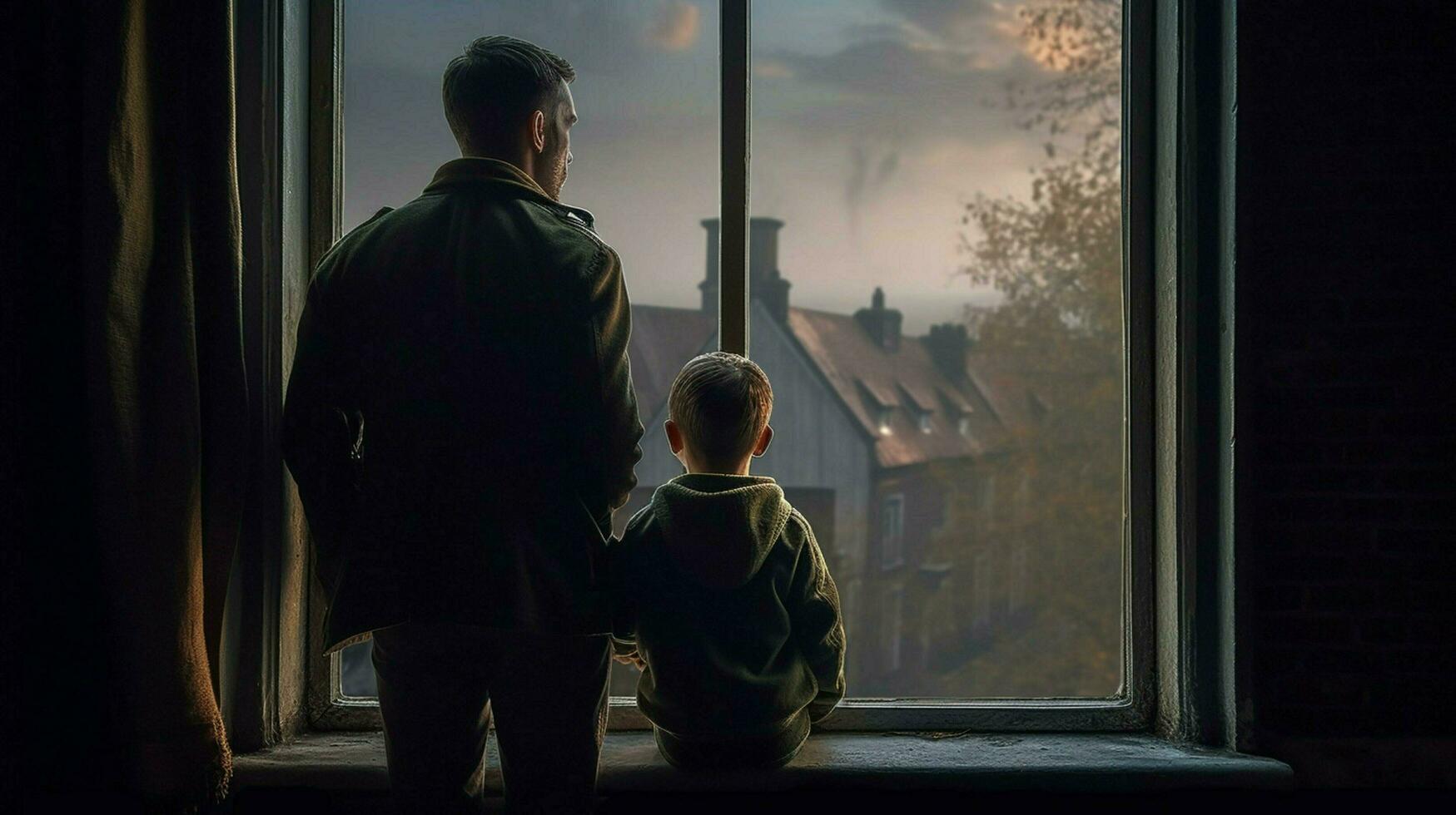un hombre y niño mirando fuera un ventana foto