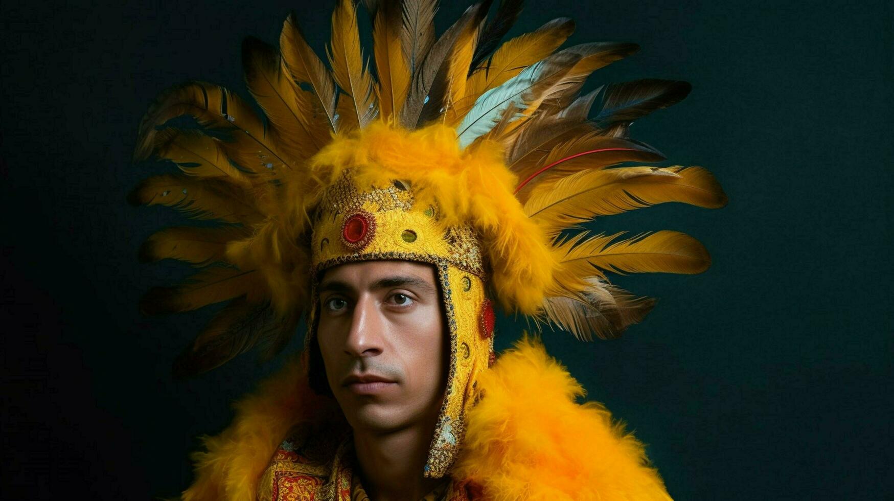 a man in a bird costume with a yellow feathered h photo