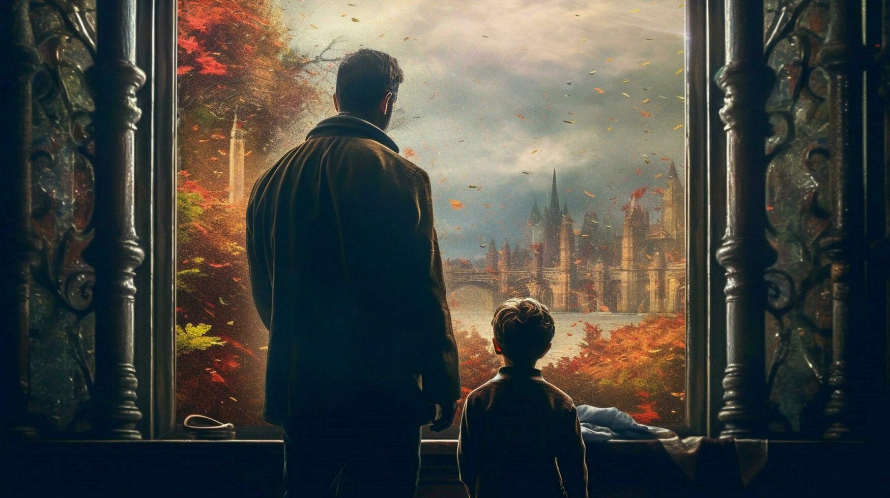 a man and child looking out a window photo