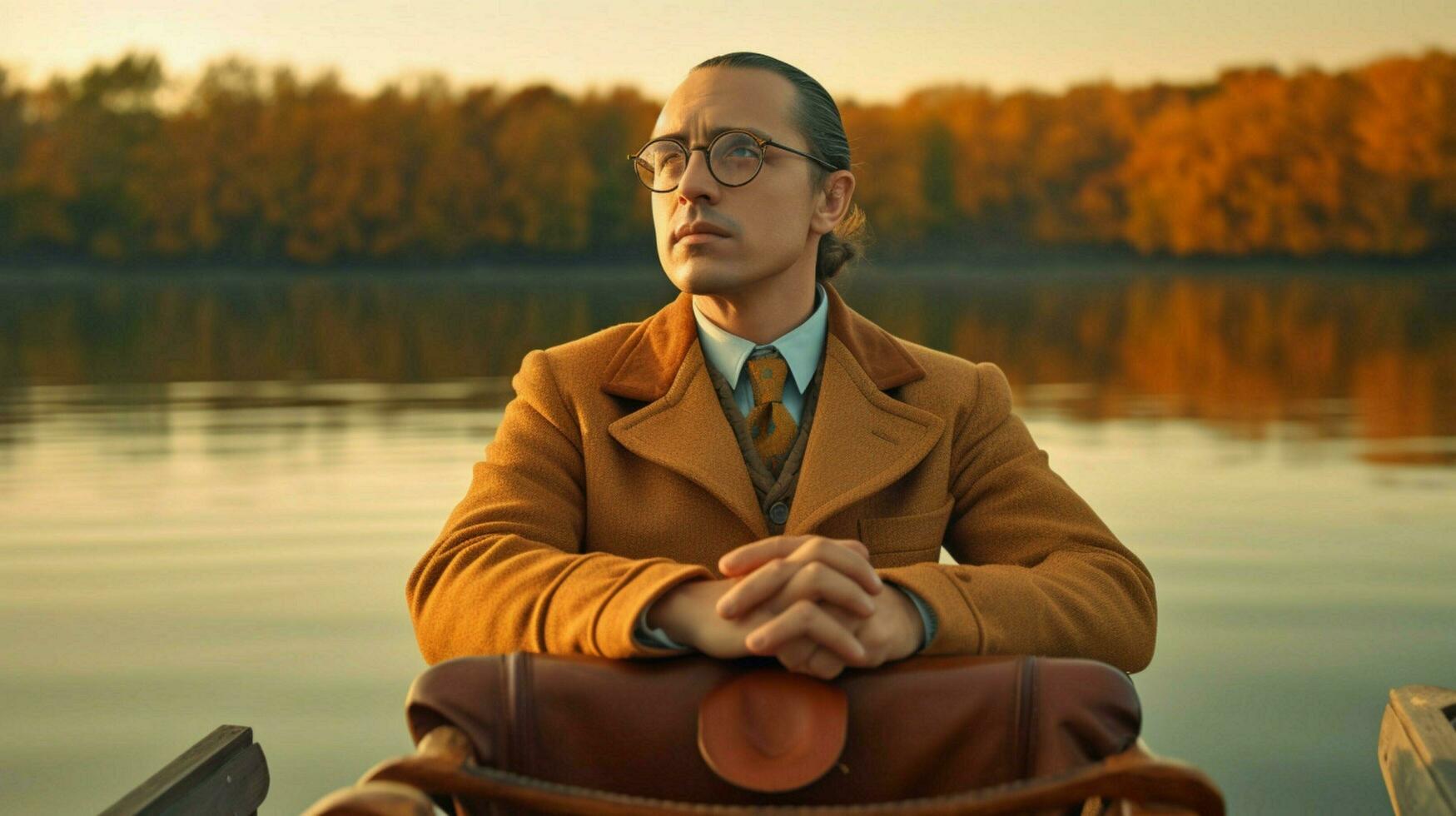 a man in a boat wearing glasses and a brown jacke photo