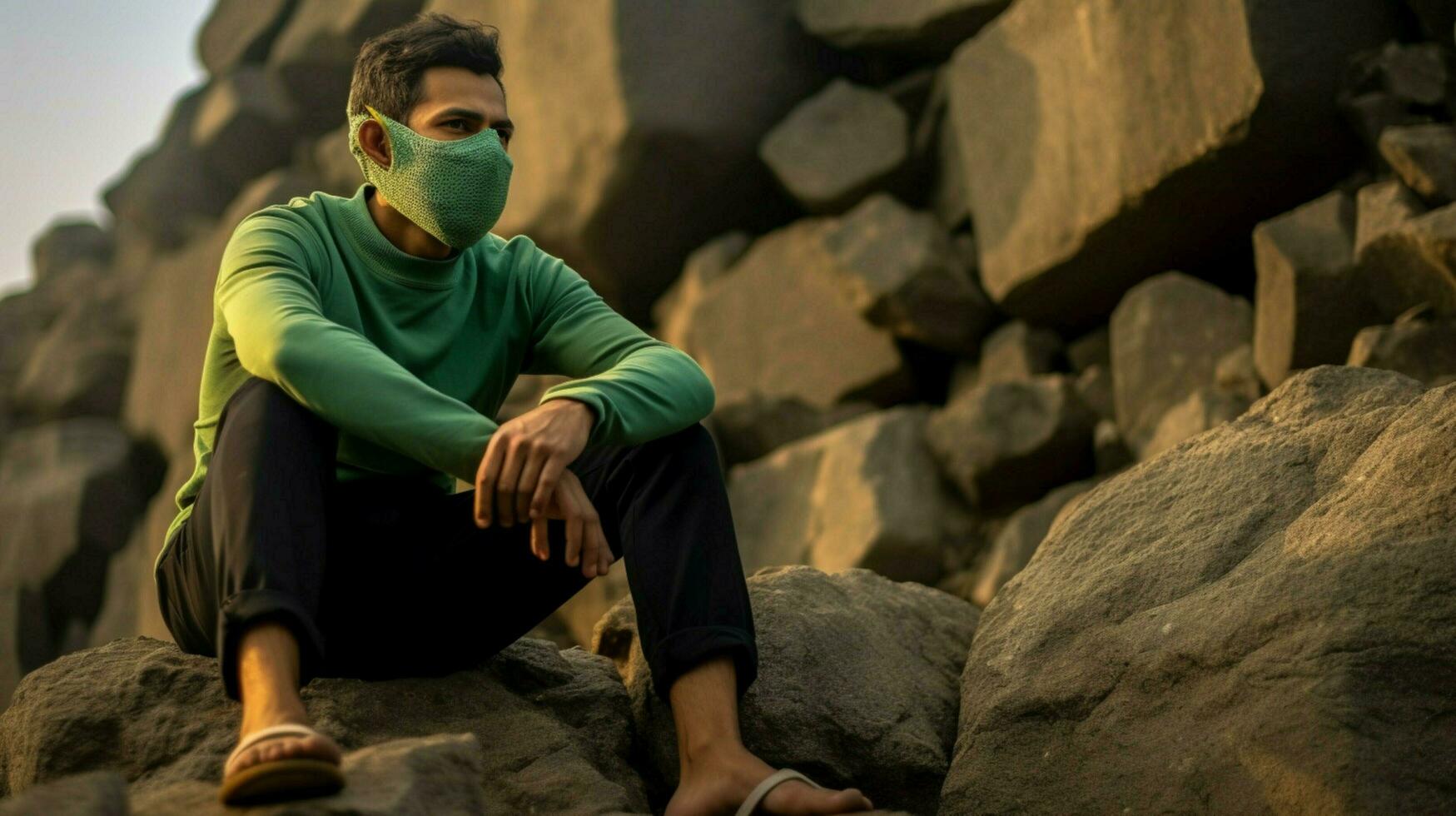 a man in a green shirt with a mask on his face si photo