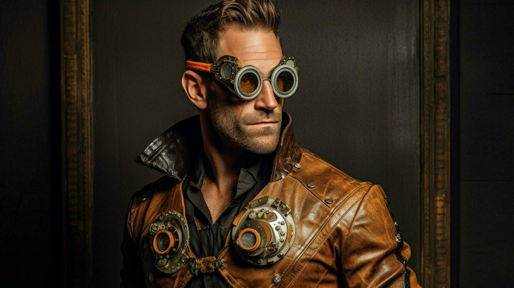 a man in a steampunk style jacket and glasses wit photo