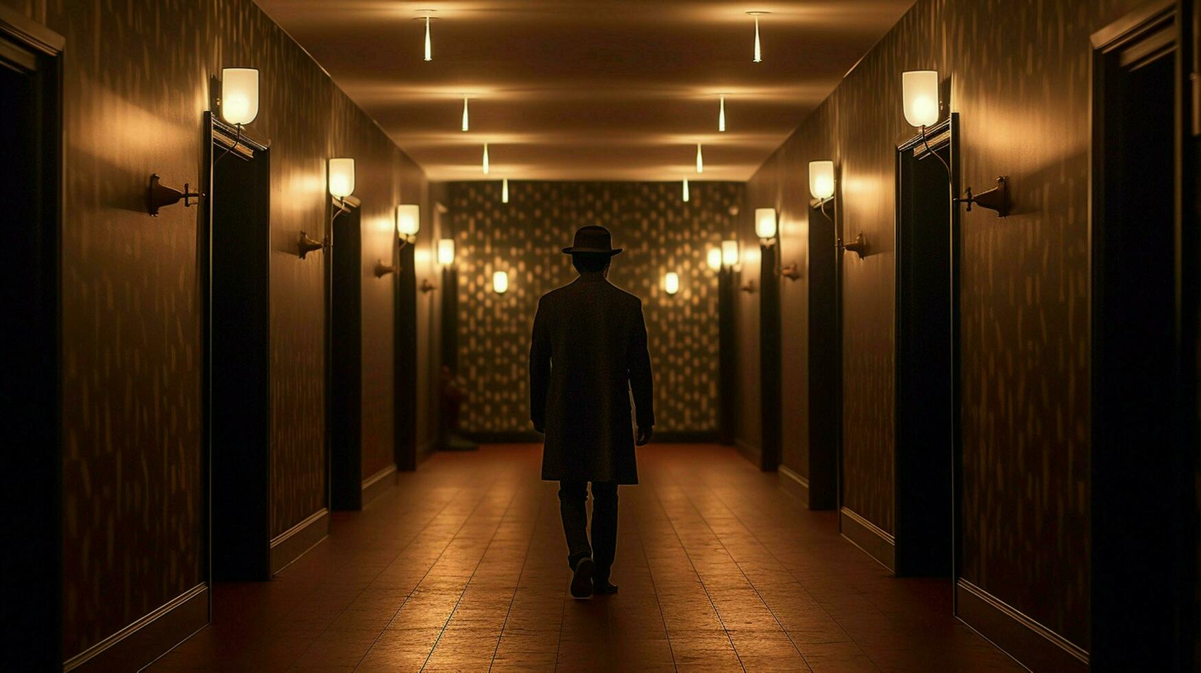 a man is walking in a hallway with lights on the photo