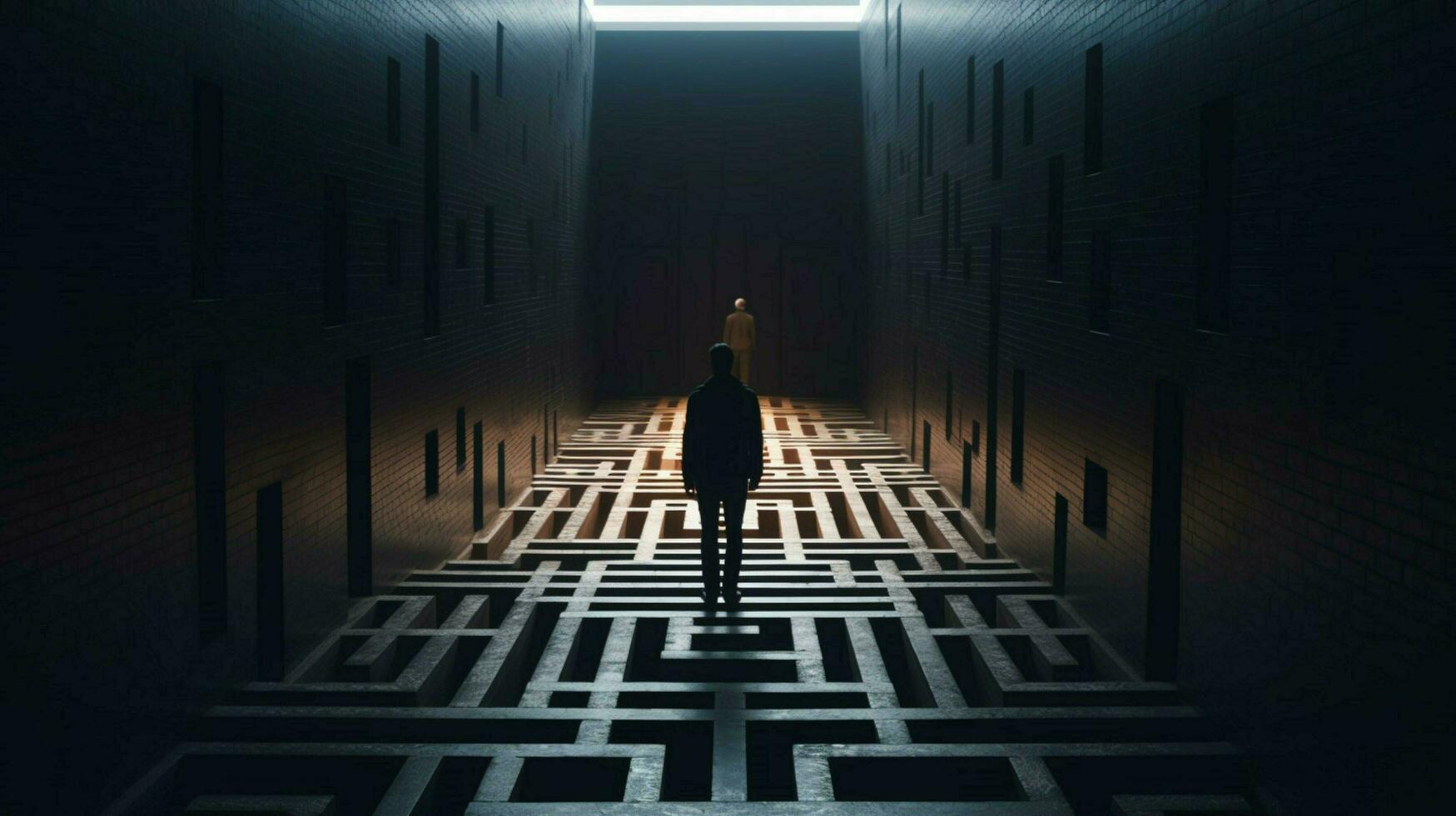 a man stands in a dark hallway with a maze on the photo