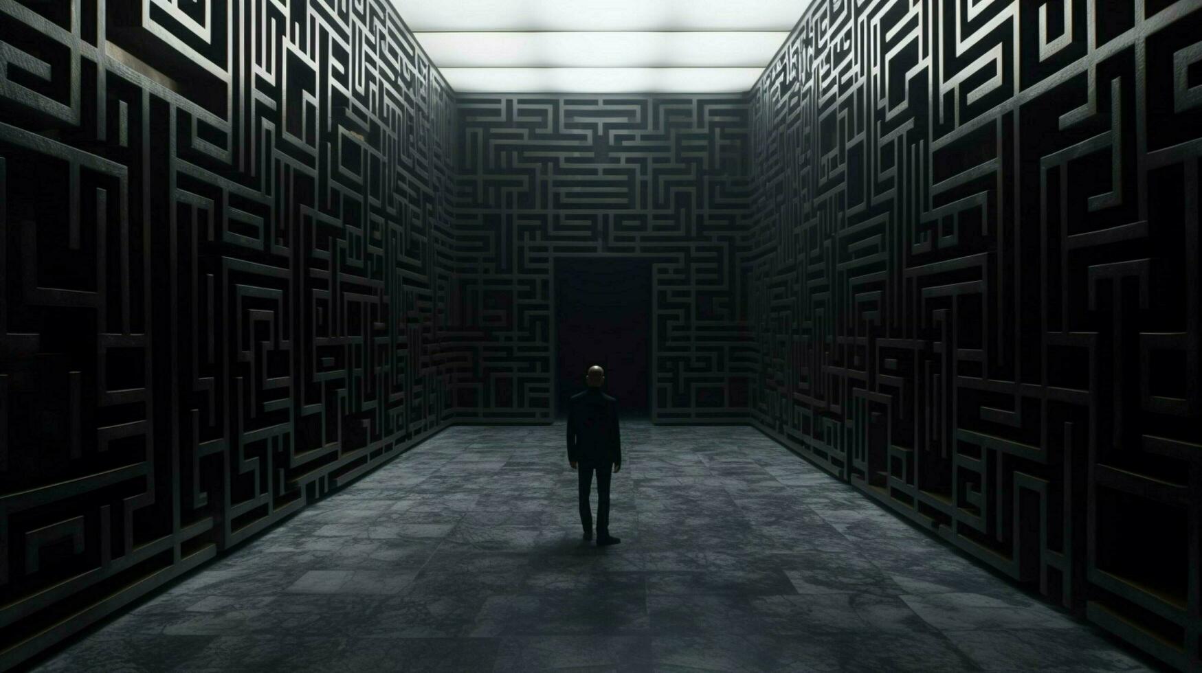 a man stands in a dark hallway with a maze on the photo