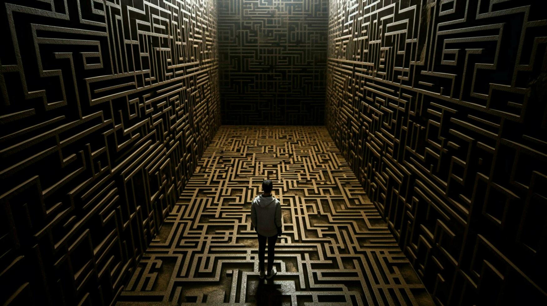 a man stands in a dark room with a large maze on photo