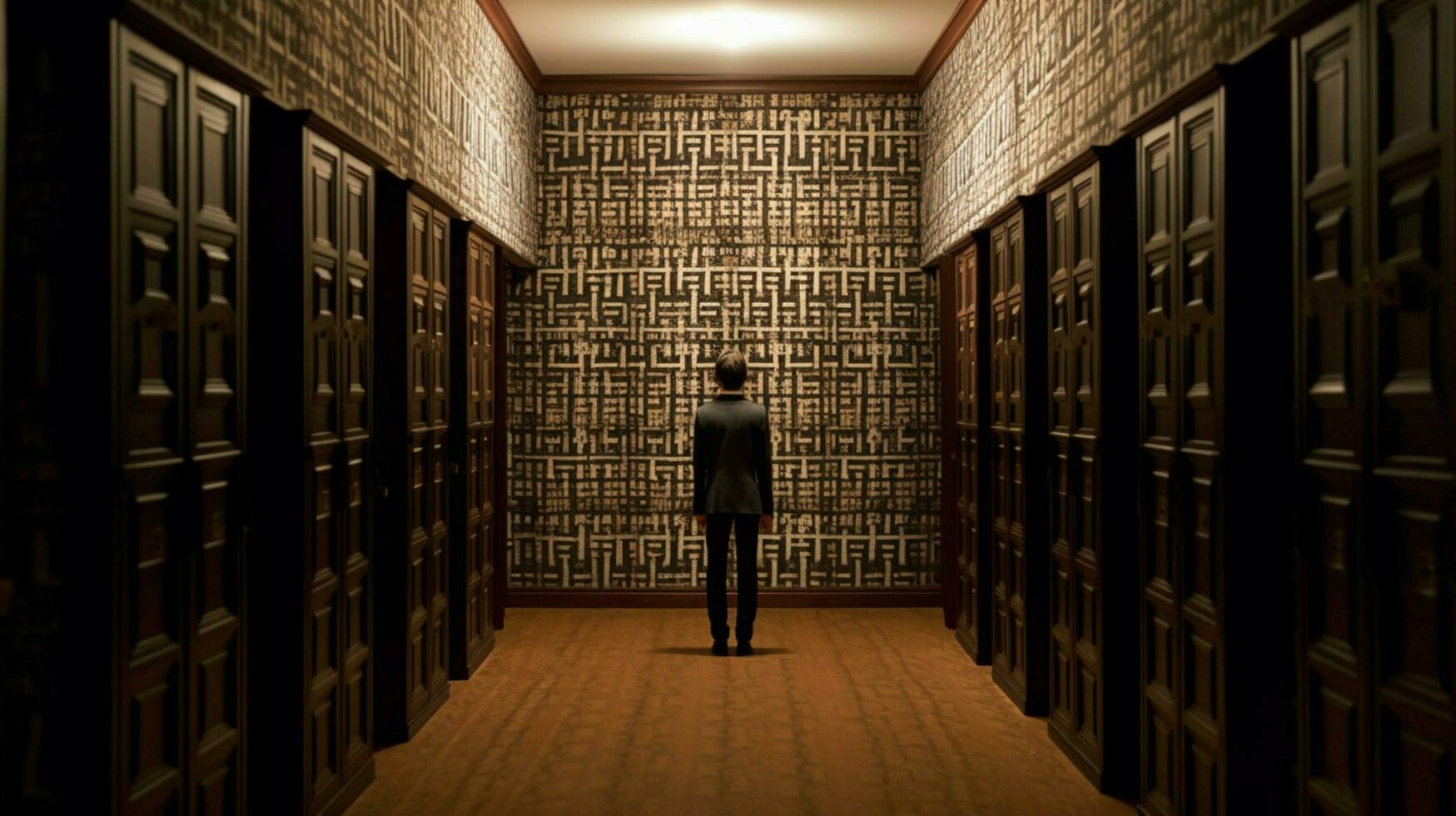 a man stands in a dark hallway with many rows of photo