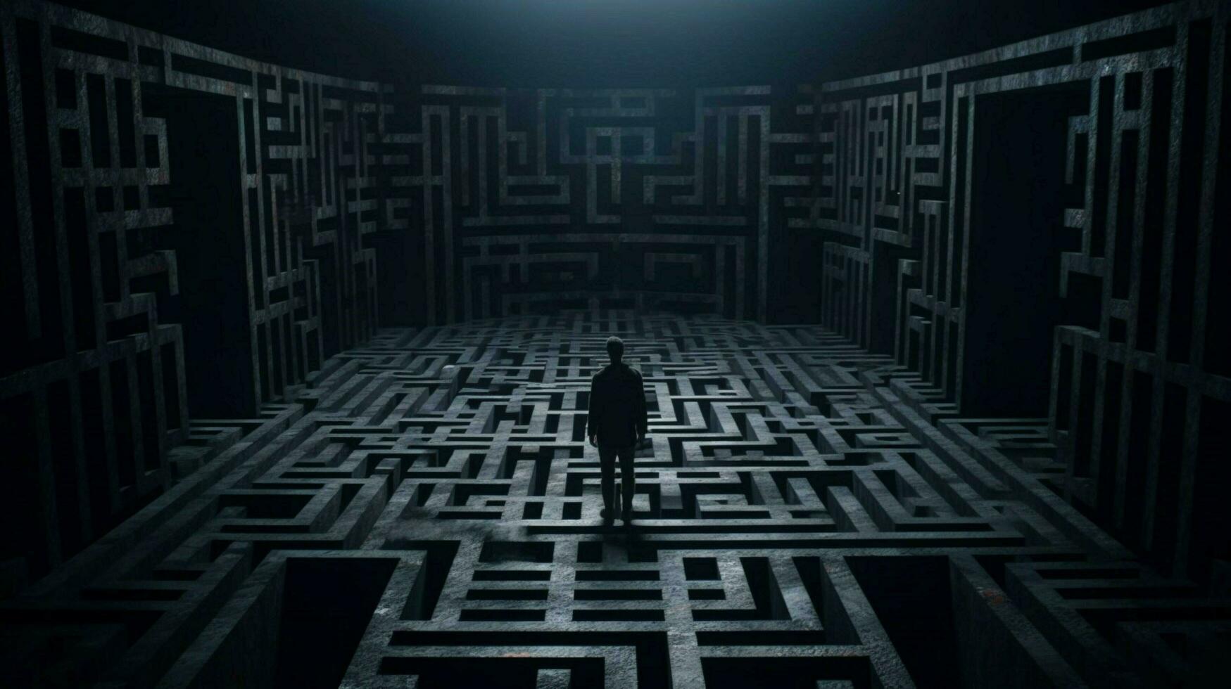 a man stands in a dark room with a large maze on photo