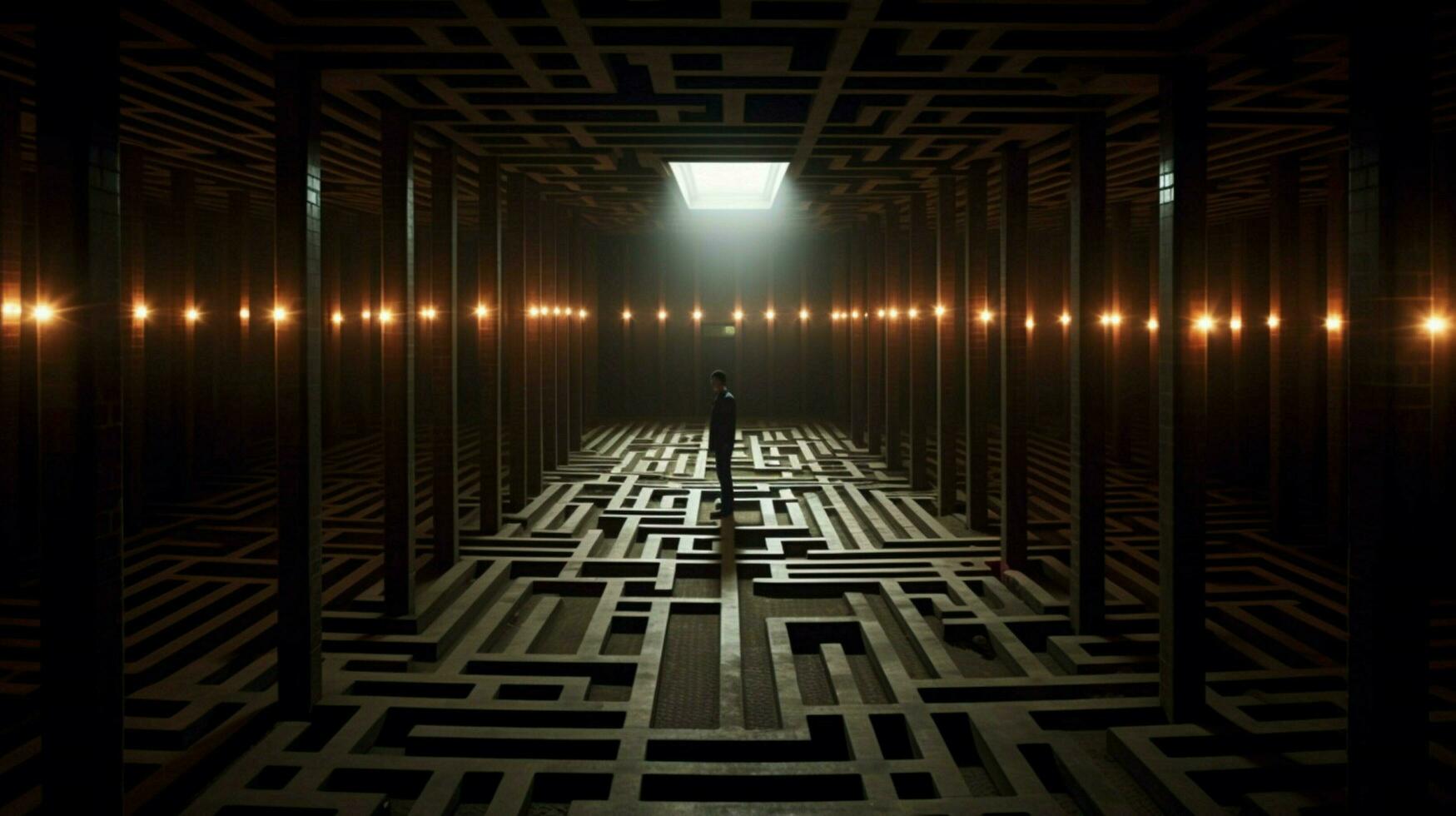 a man stands in a dark room with a large maze on photo