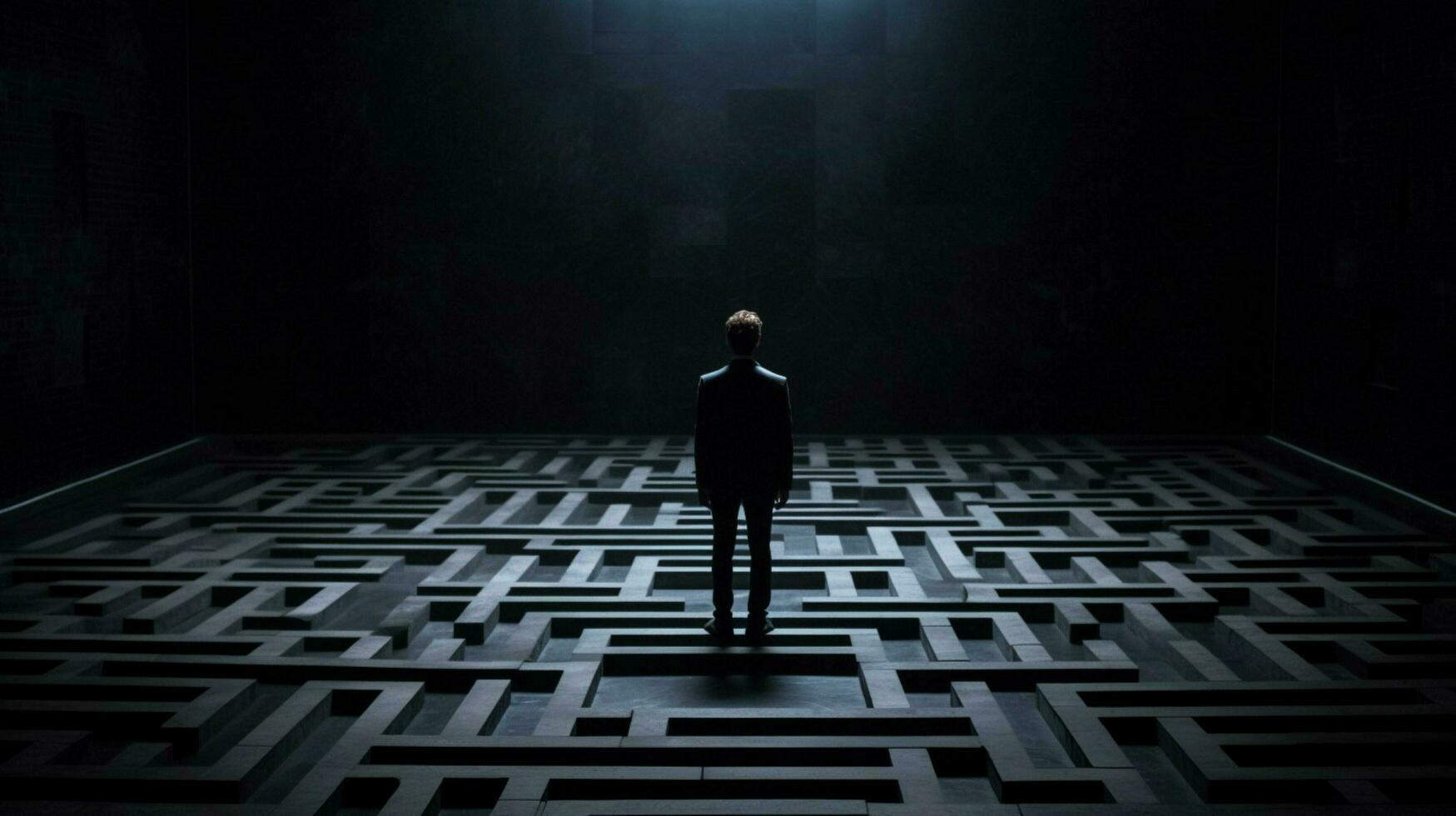 a man stands in a dark room with a maze on the fl photo