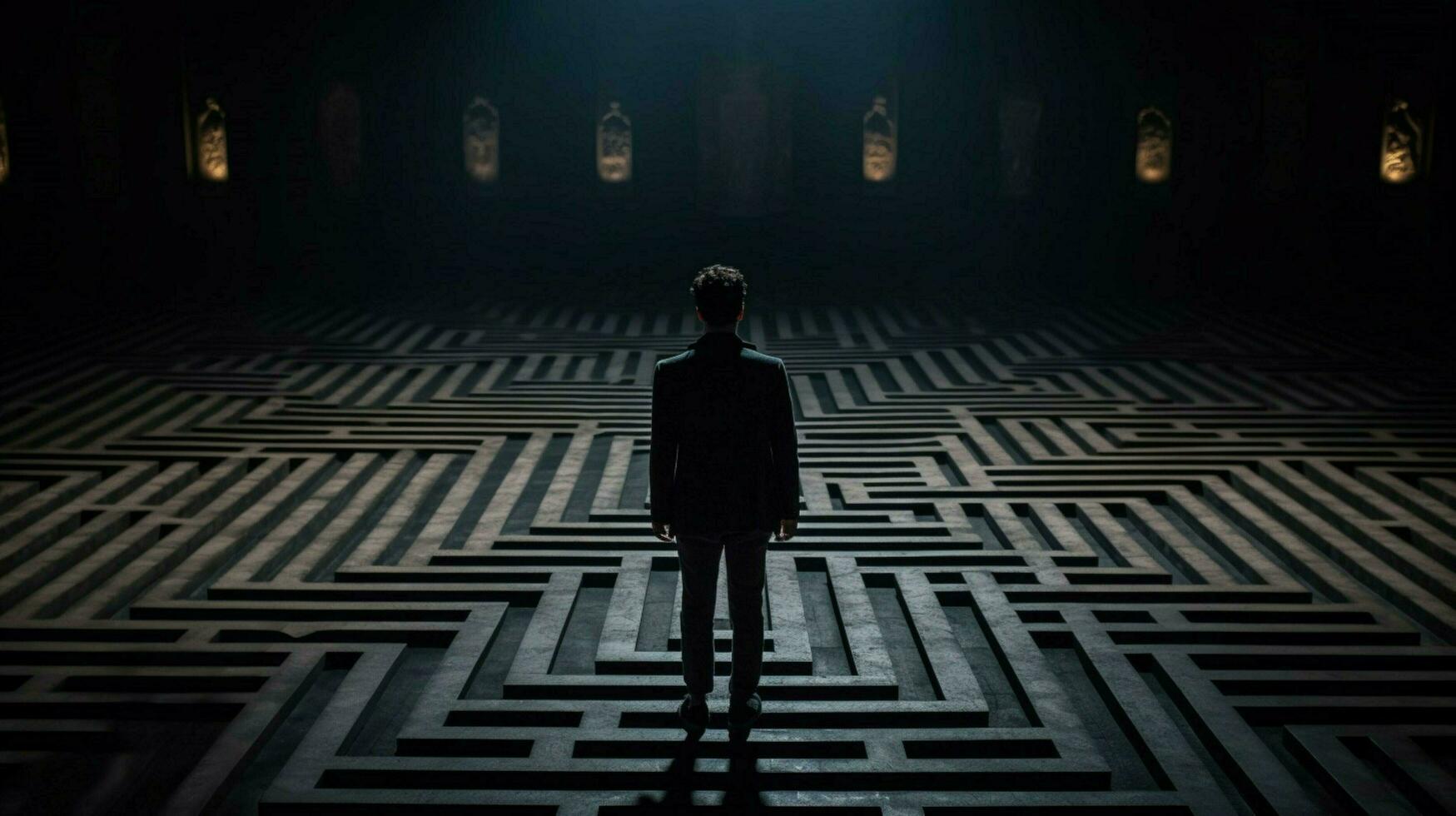 a man stands in a dark room with a maze on the fl photo