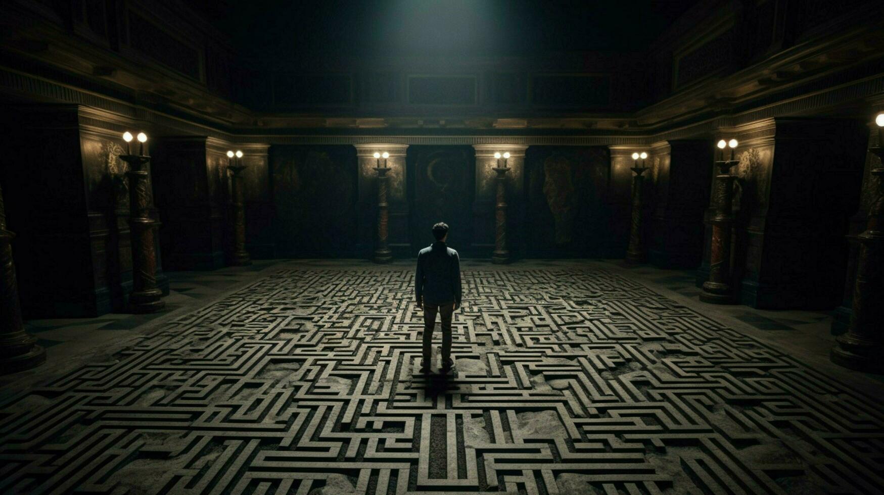 a man stands in a dark room with a maze on the fl photo