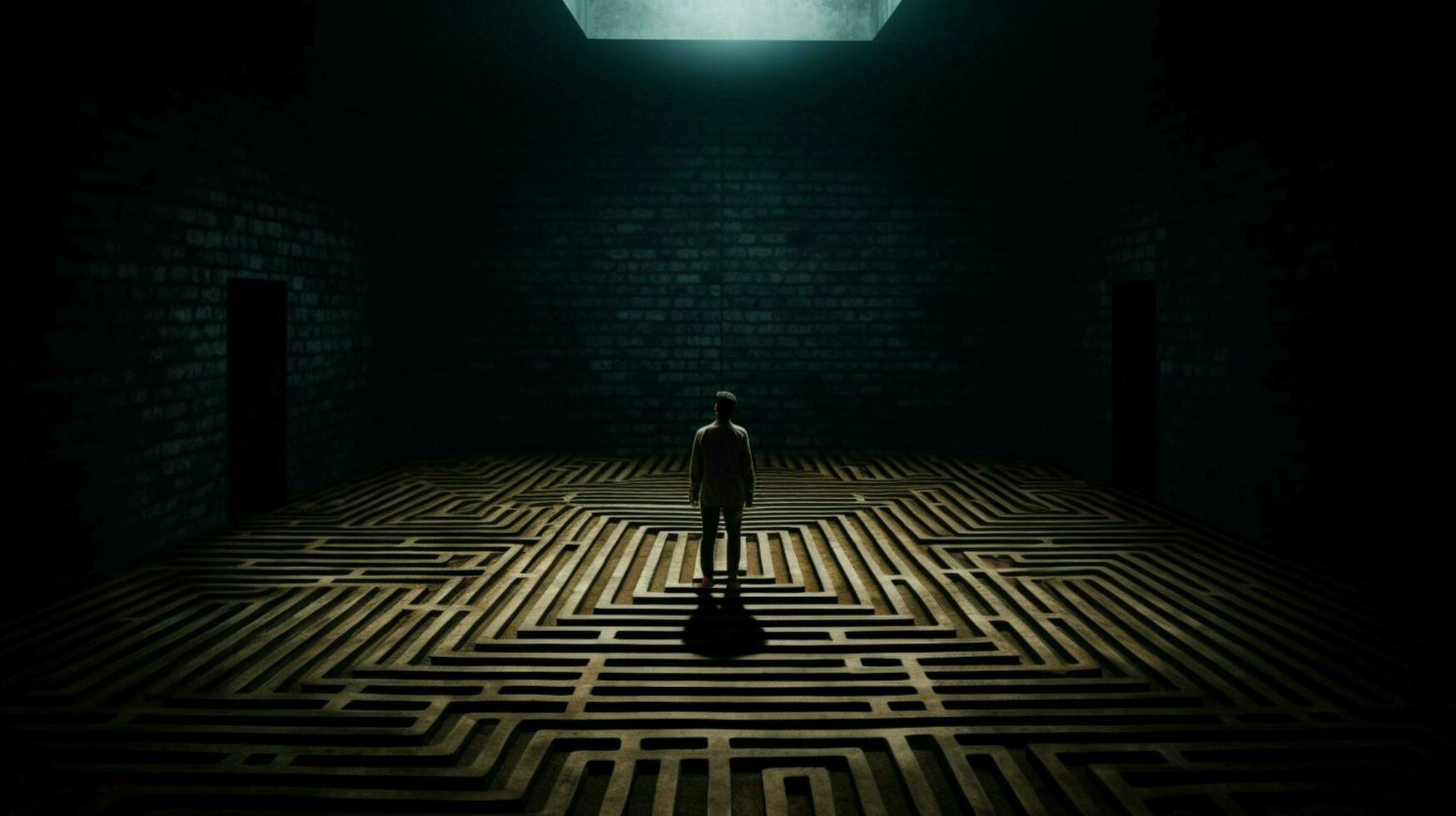 a man stands in a dark room with a maze on the fl photo