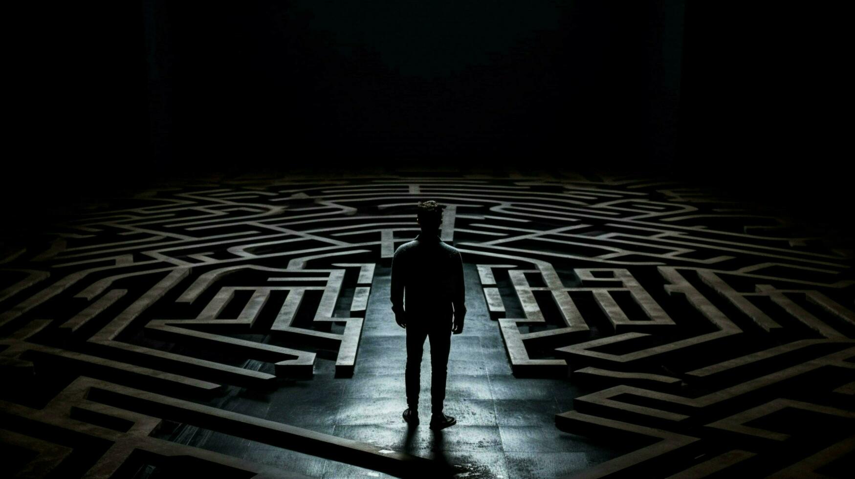 a man stands in a dark room with a maze on the fl photo