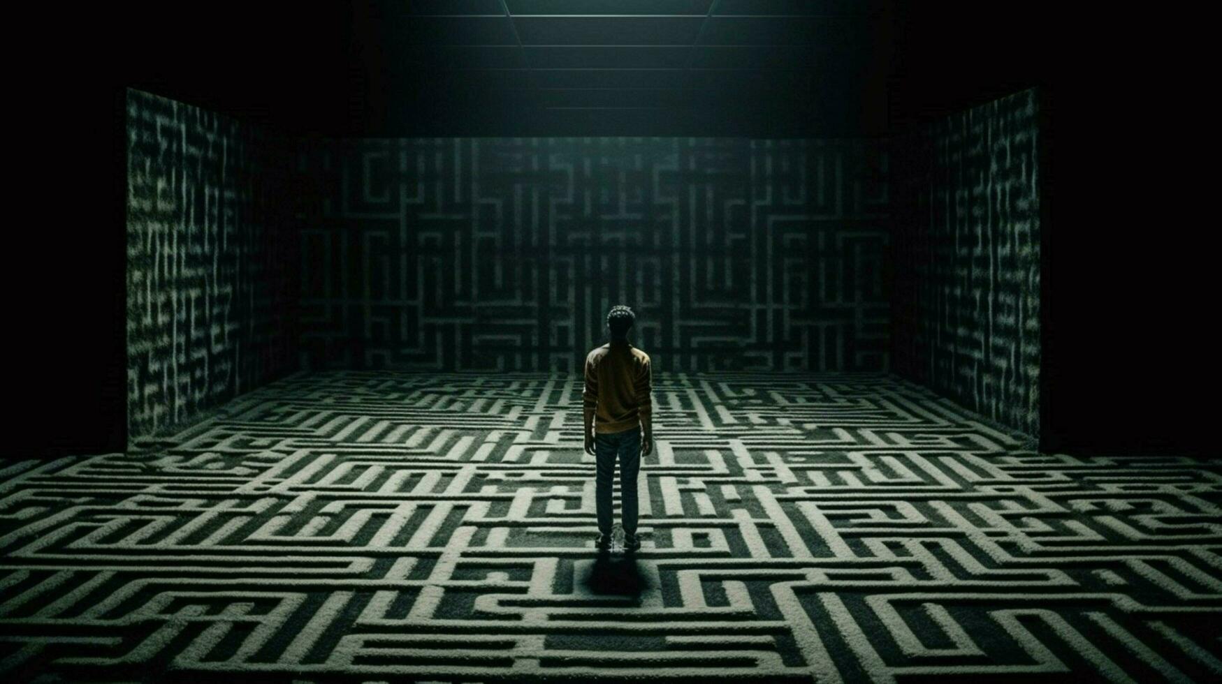 a man stands in a dark room with a maze on the fl photo