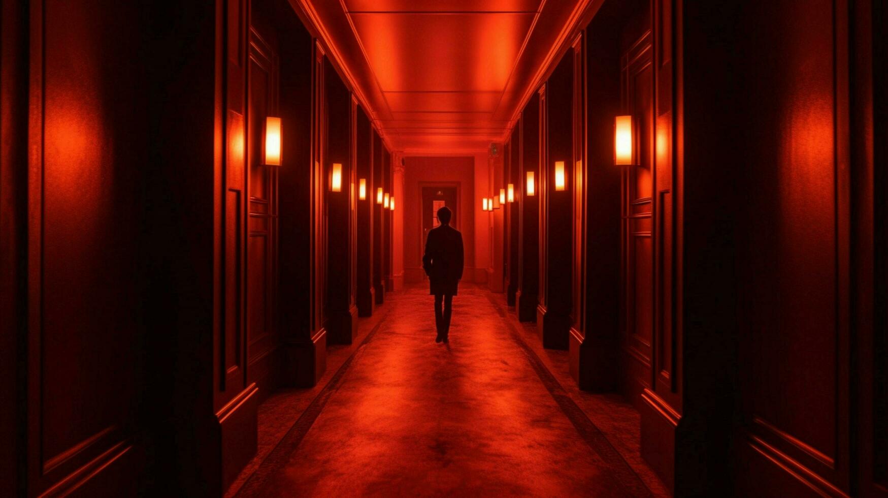 a man walking down a dark hallway with a red ligh photo