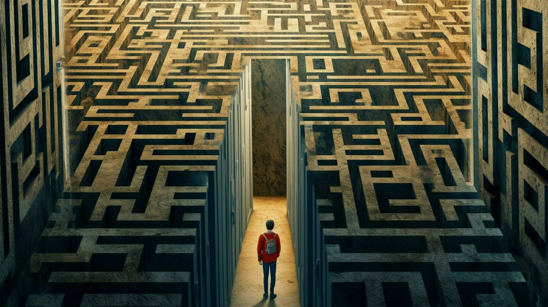 a man walks through a maze with the door open photo