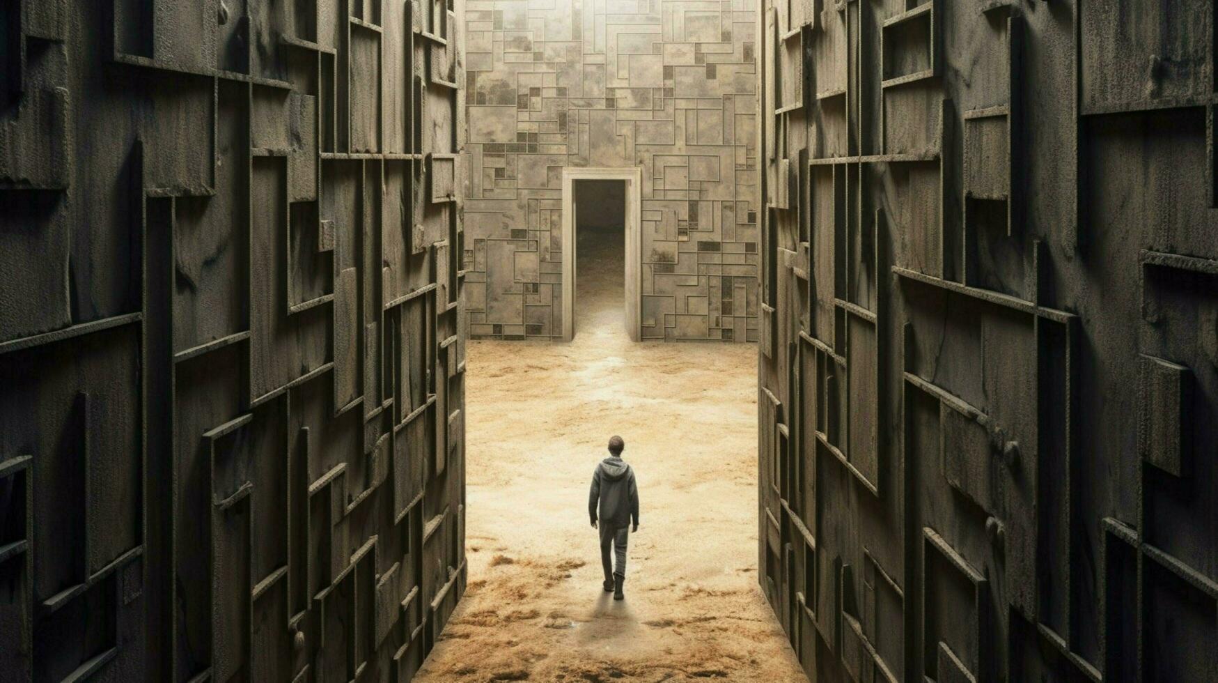 a man walks through a maze with the door open photo