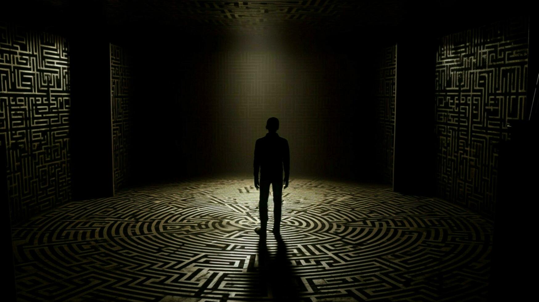 a man stands in a dark room with a maze on the fl photo