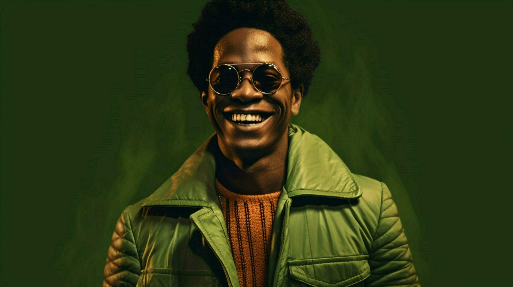 a man wearing a green jacket and sunglasses smile photo