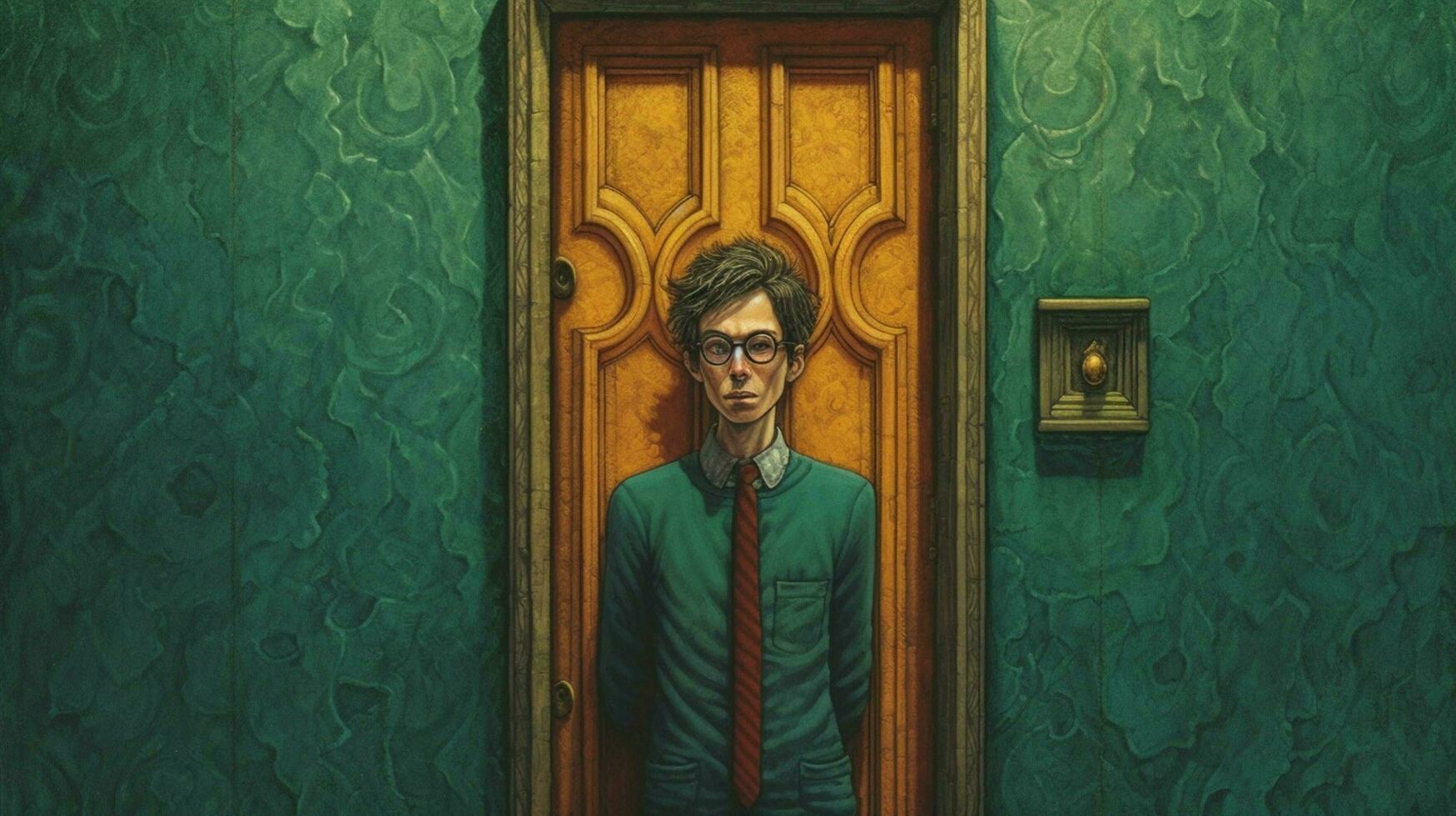 a man wearing glasses stands in front of a door photo