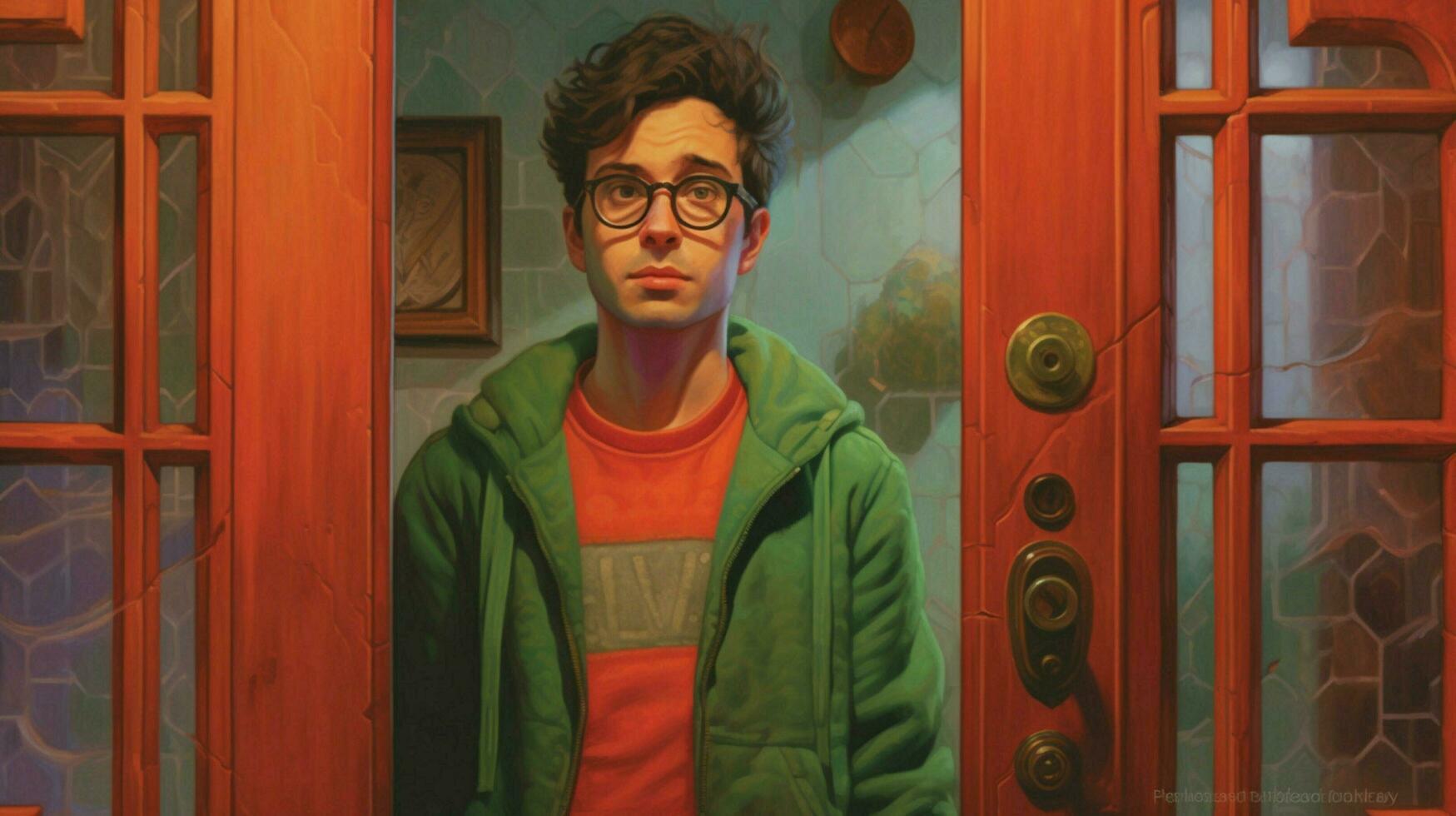 a man wearing glasses stands in front of a door photo