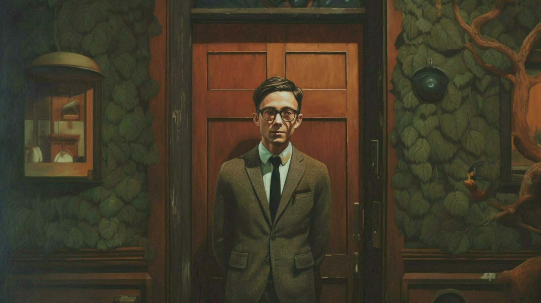 a man wearing glasses stands in front of a door photo