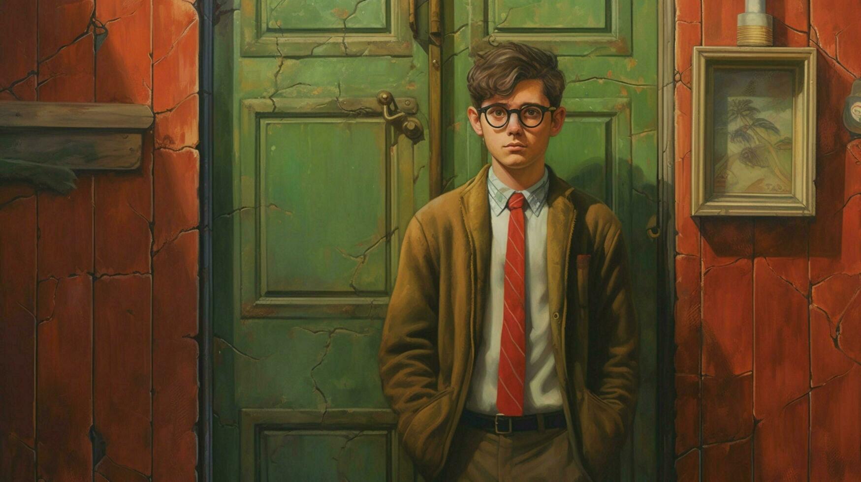 a man wearing glasses stands in front of a door photo