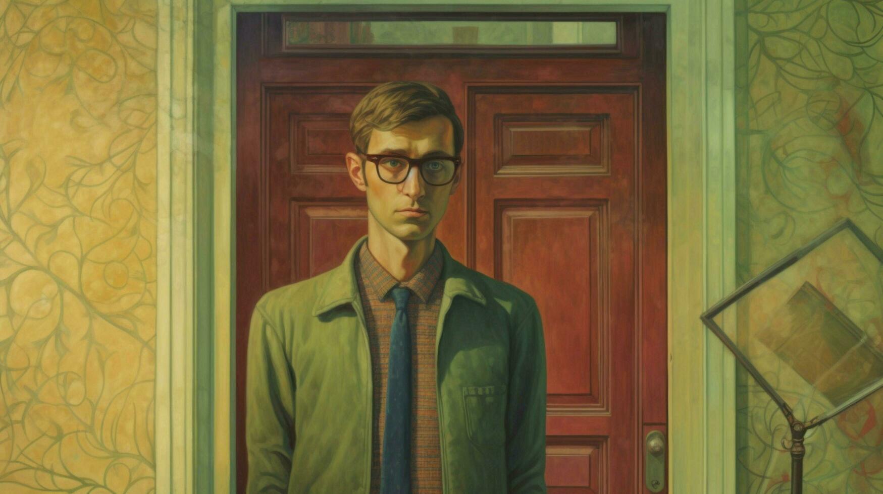 a man wearing glasses stands in front of a door photo