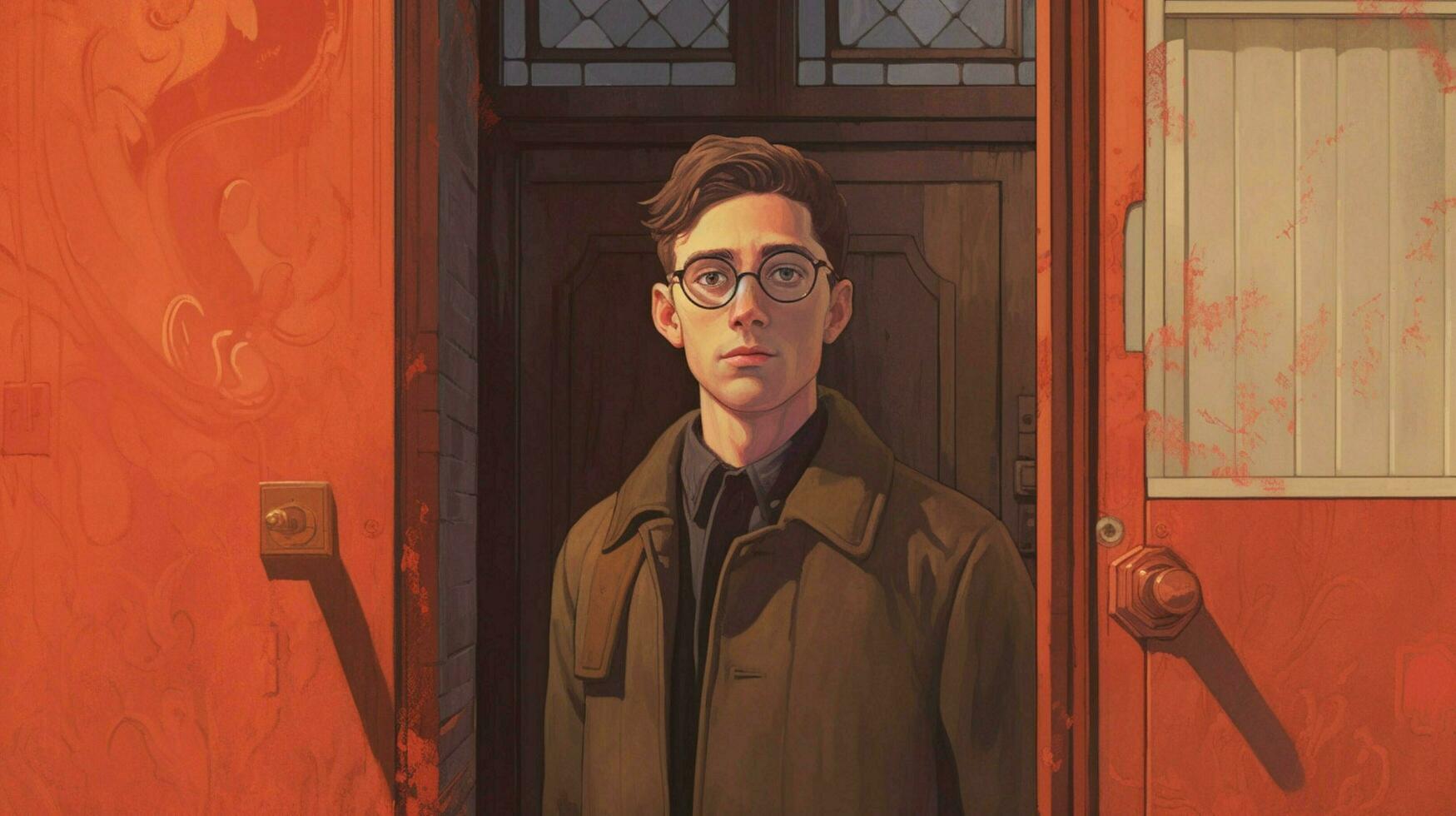 a man wearing glasses stands in front of a door photo