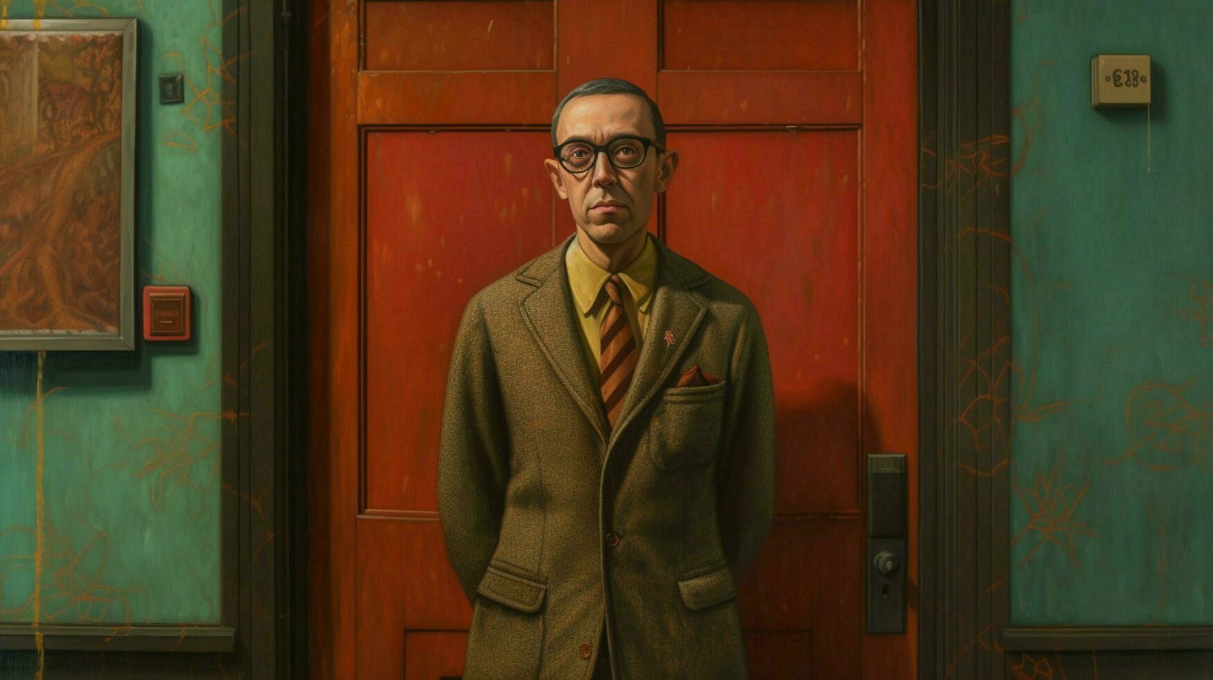 a man wearing glasses stands in front of a door photo