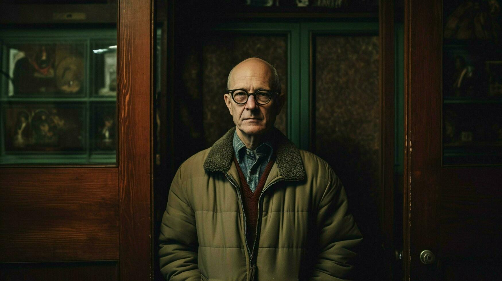 a man wearing glasses stands in front of a door photo