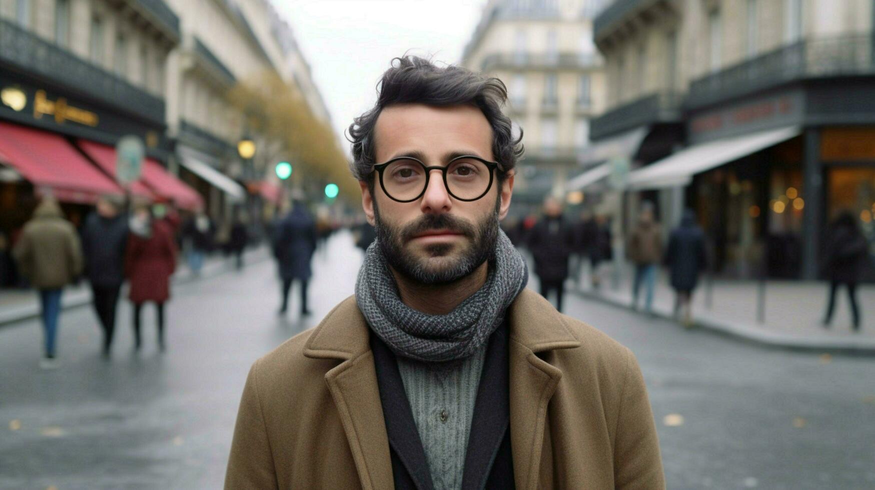 a man wearing glasses stands on a street in paris photo