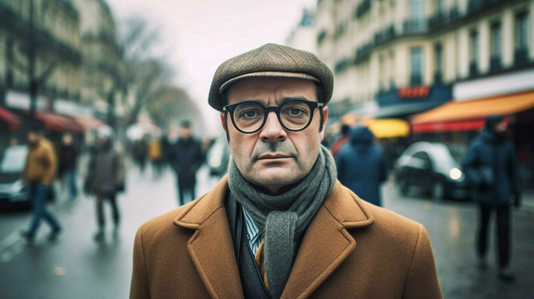 a man wearing glasses stands on a street in paris photo