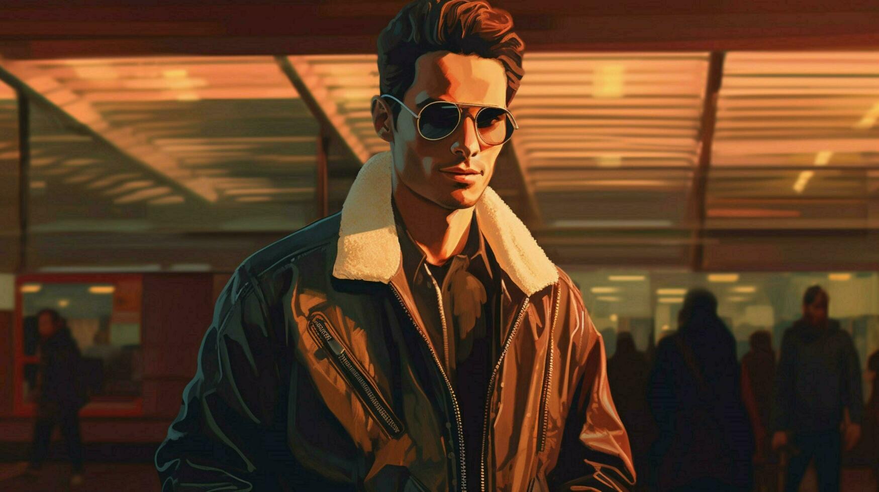 a man wearing sunglasses and a leather jacket with photo