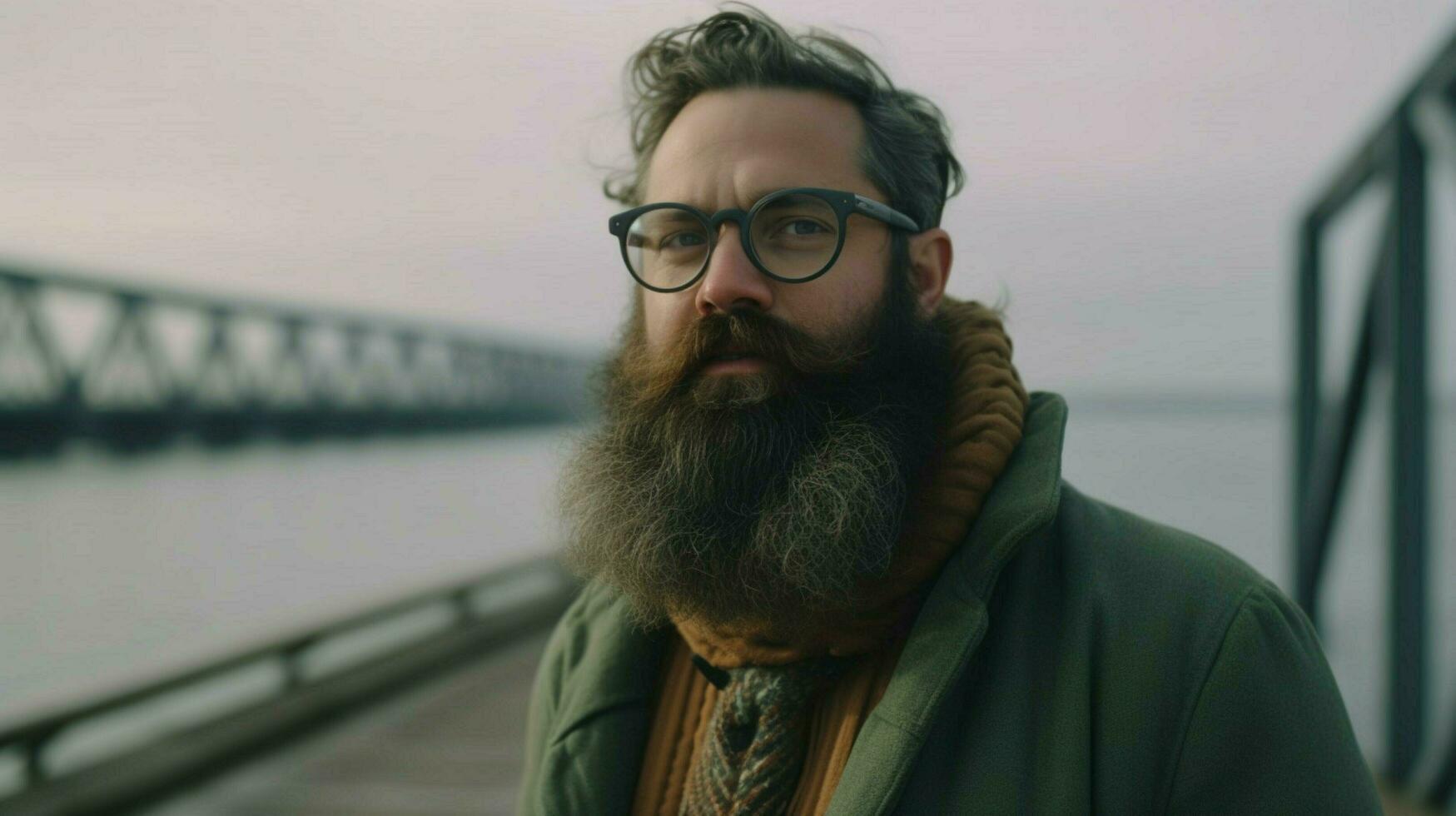 a man with a beard and glasses stands on a pier photo