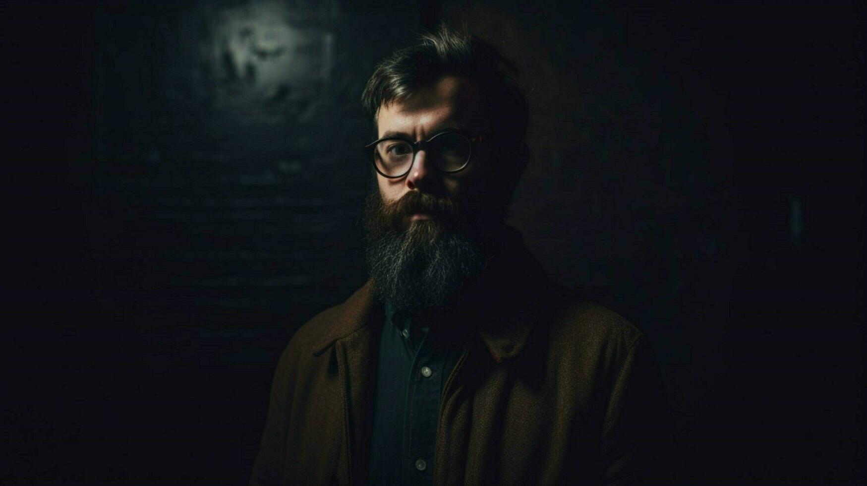 a man with a beard and glasses stands in a dark photo