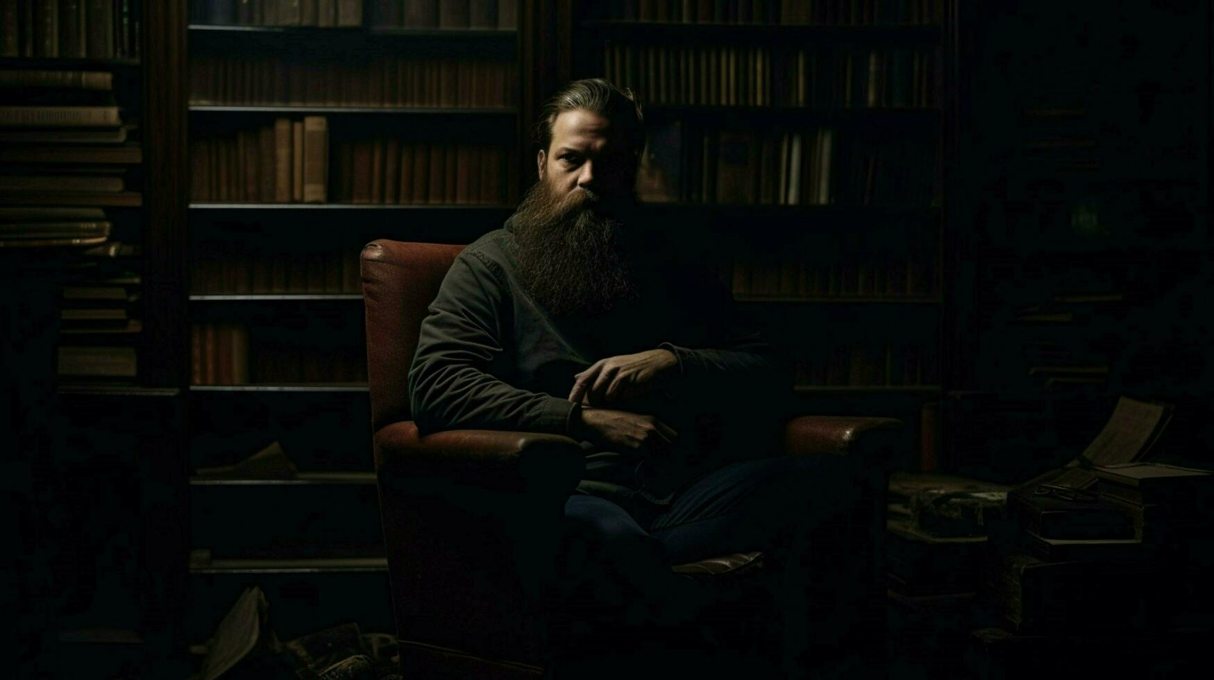 a man with a beard sits in a dark room photo