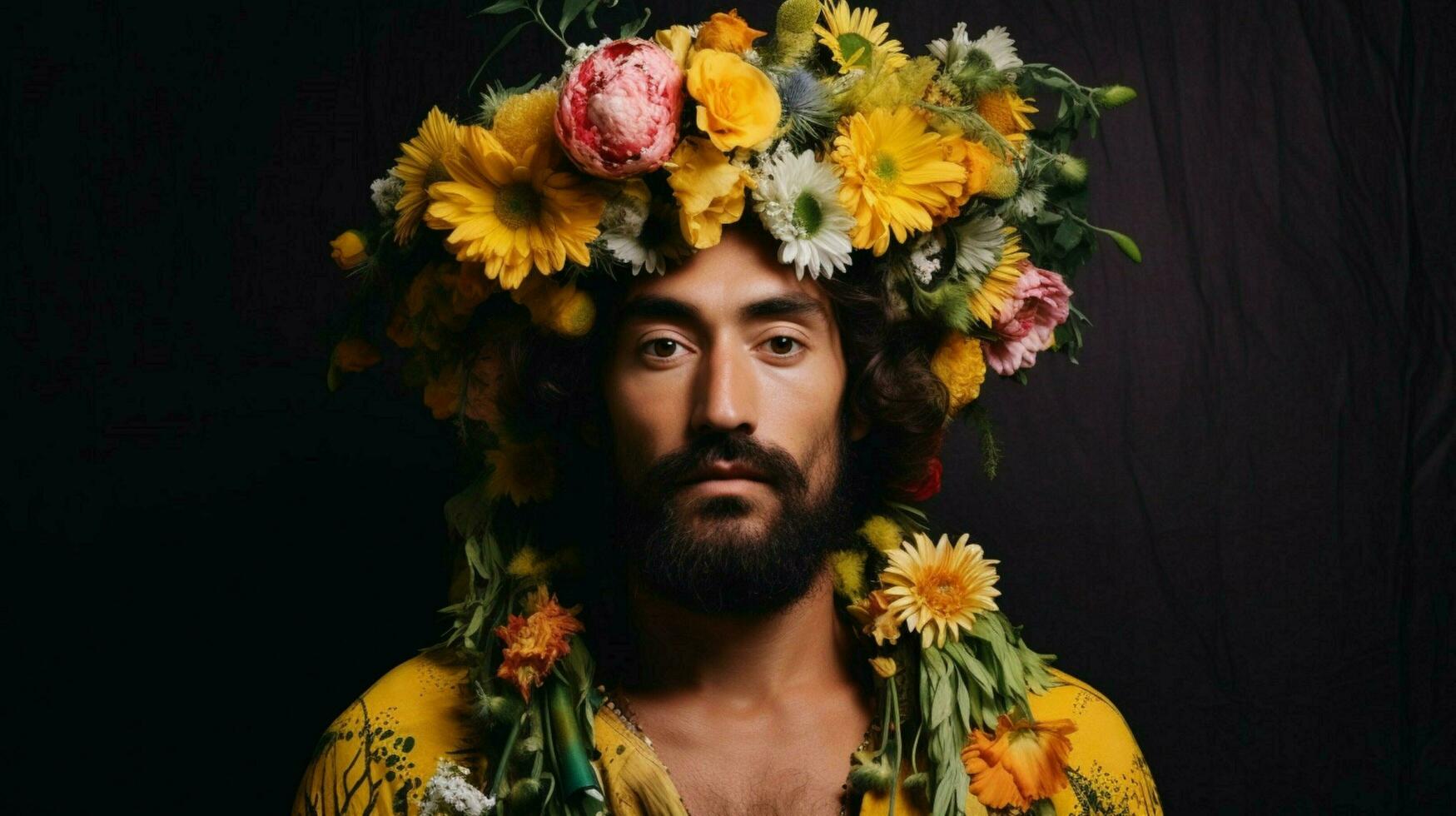 a man with a flower crown and a yellow dress photo