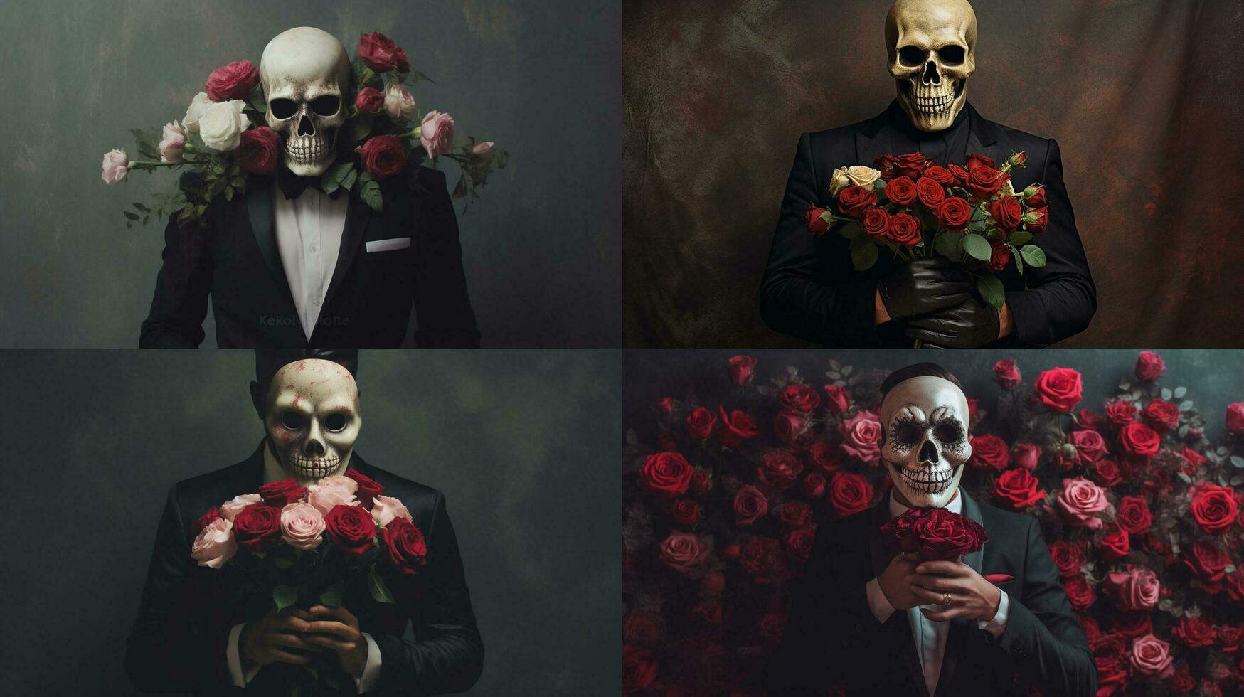 a man with a skull mask holding roses photo