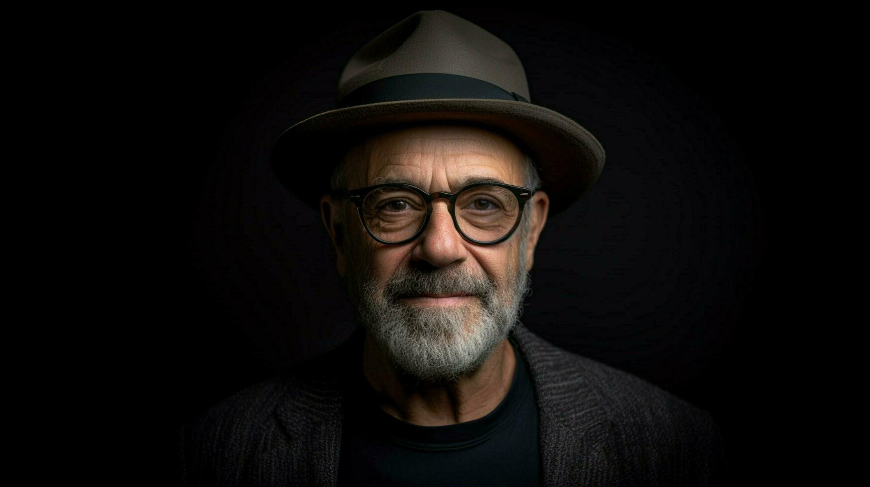 un hombre con un gris sombrero y lentes soportes en frente foto