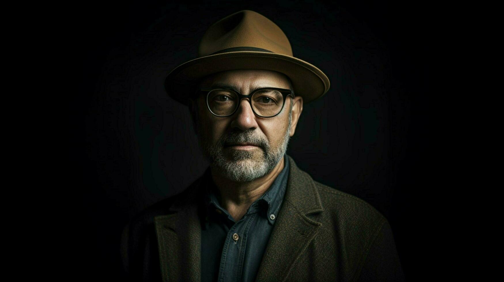 a man with a grey hat and glasses stands in front photo