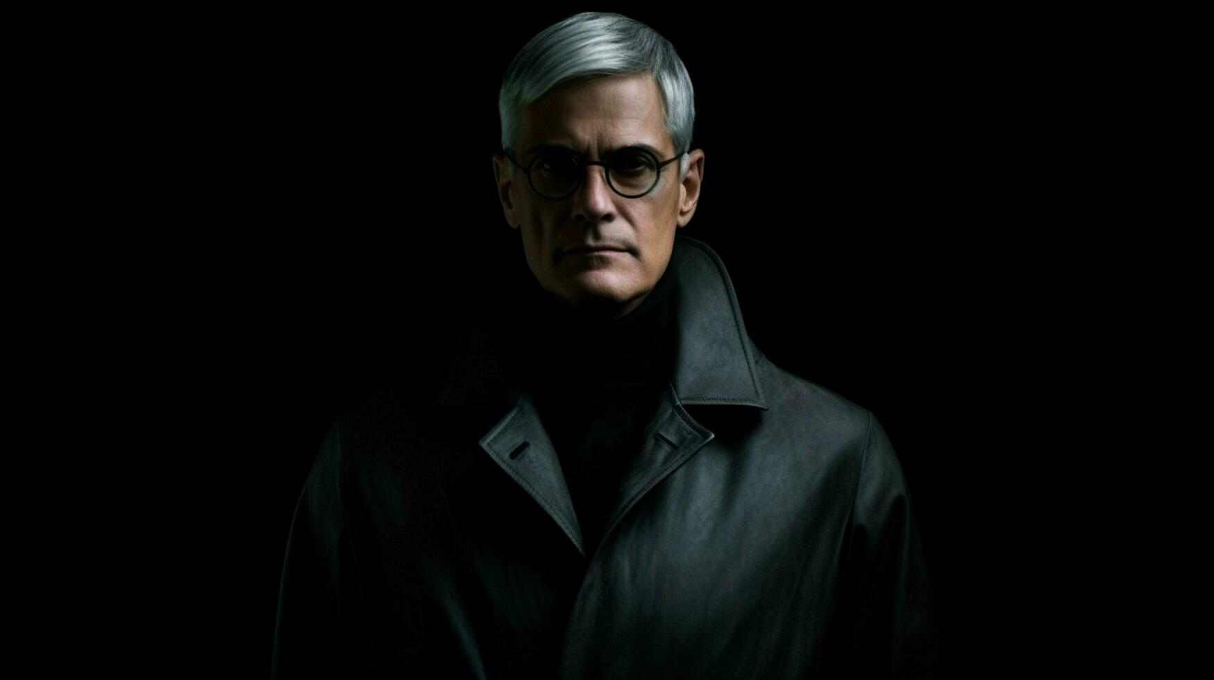 a man with a grey coat and glasses stands in front photo