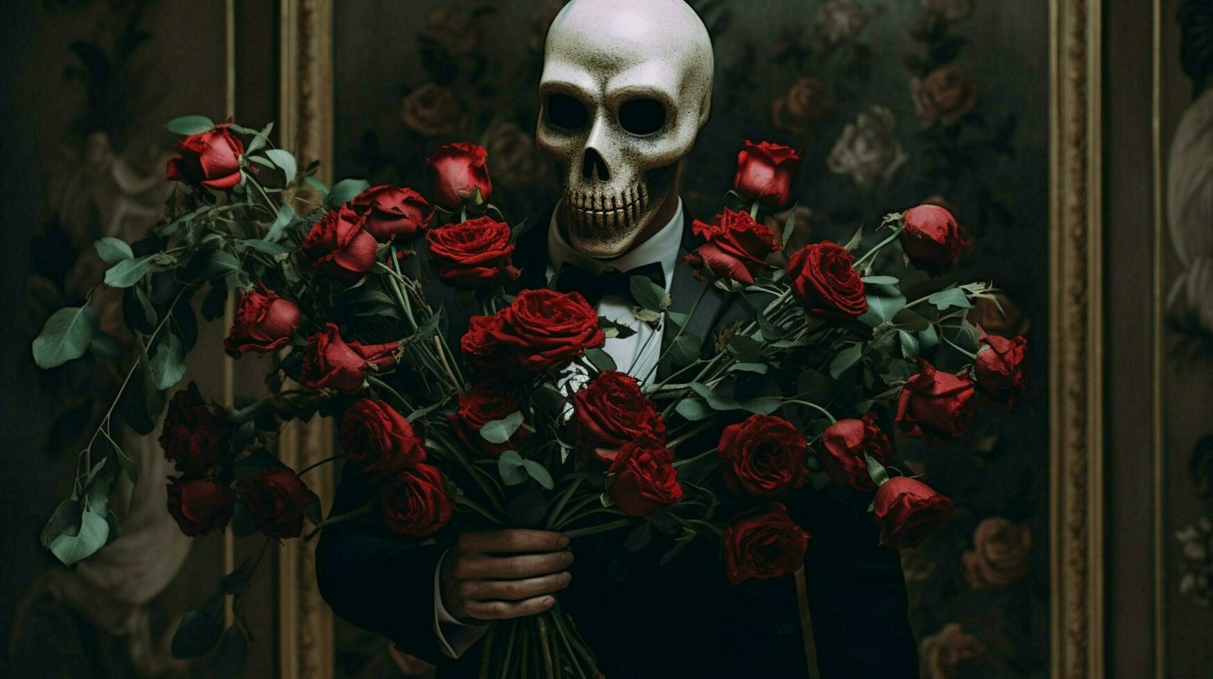 a man with a skull mask holding roses photo