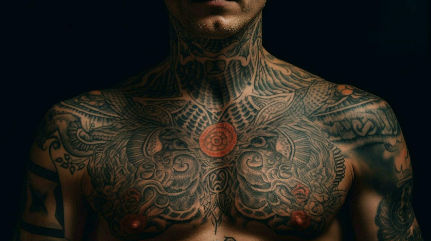 un hombre con un tatuaje en su cofre foto