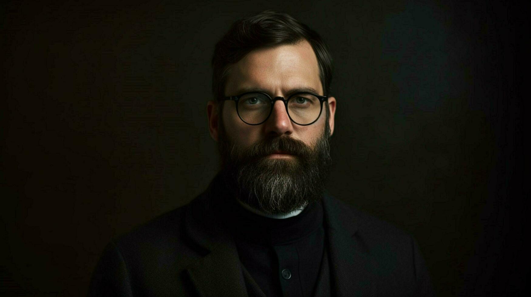 a man with glasses and a beard is wearing a black photo
