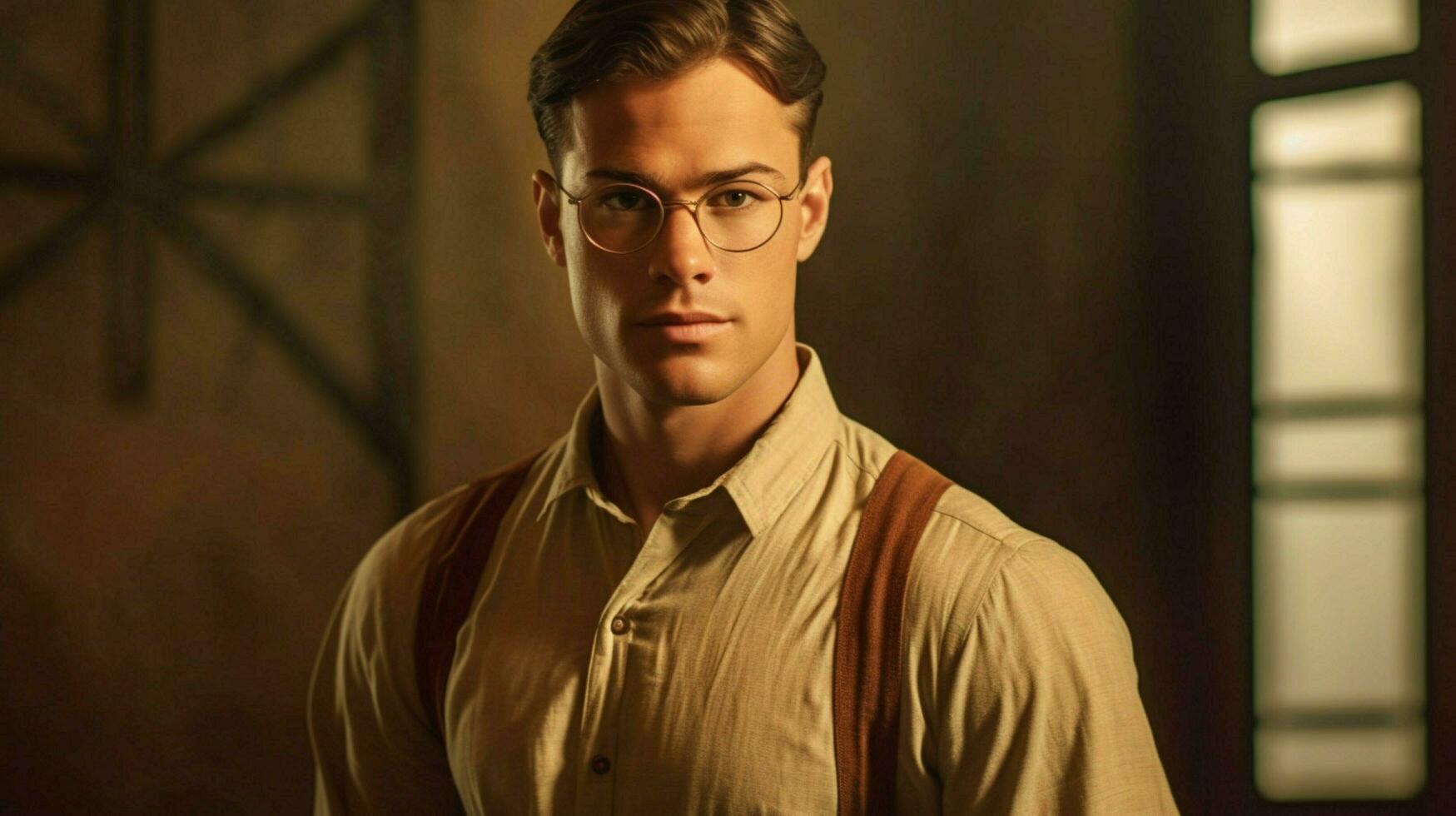 un hombre con lentes y un marrón camisa foto