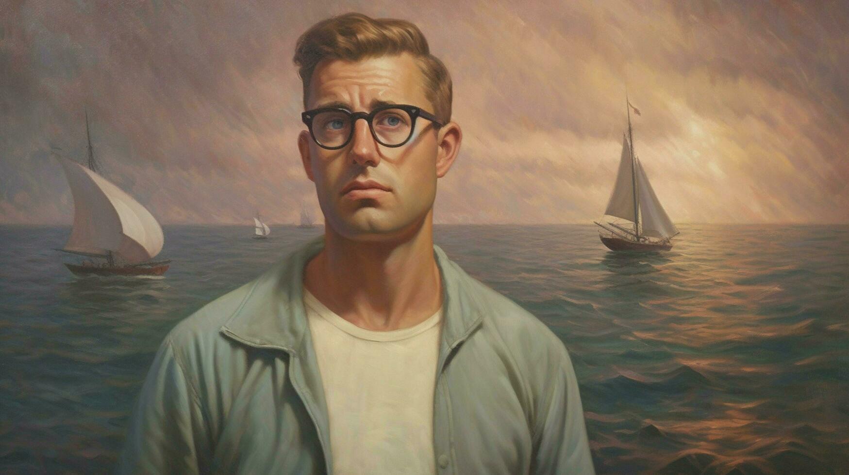 a man with glasses and a sailboat in the background photo